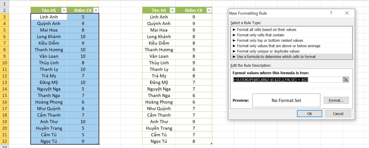 Hướng dẫn sử dụng hàm VLOOKUP vào định dạng có điều kiện trong Excel